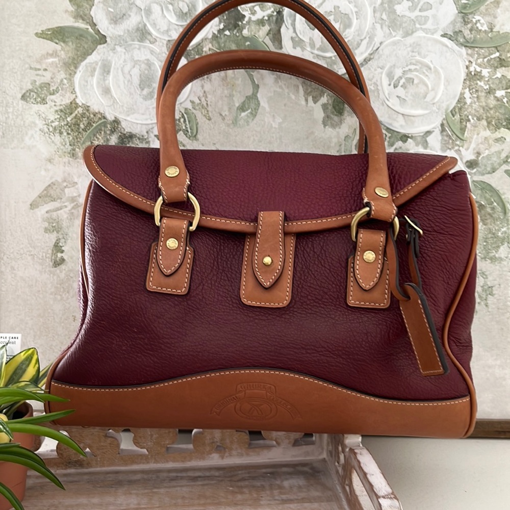 Ghurka Pebbled Leather Handbag in Burgundy with Camel trim